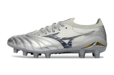 Mizuno Morelia Neo 4 FG Firm Ground Soccer Cleats - Silver/Metallic Silver/Yellow Accent