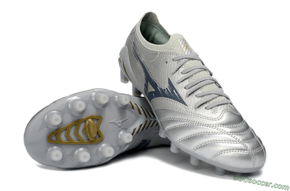 Mizuno Morelia Neo 4 FG Firm Ground Soccer Cleats - Silver/Metallic Silver/Yellow Accent 3