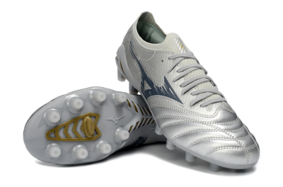 Mizuno Morelia Neo 4 FG Firm Ground Soccer Cleats - Silver/Metallic Silver/Yellow Accent