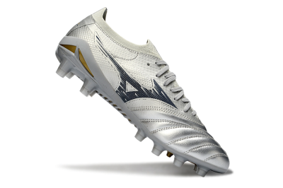 Mizuno Morelia Neo 4 FG Firm Ground Soccer Cleats - Silver/Metallic Silver/Yellow Accent