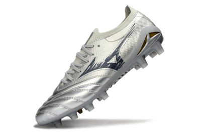 Mizuno Morelia Neo 4 FG Firm Ground Soccer Cleats - Silver/Metallic Silver/Yellow Accent
