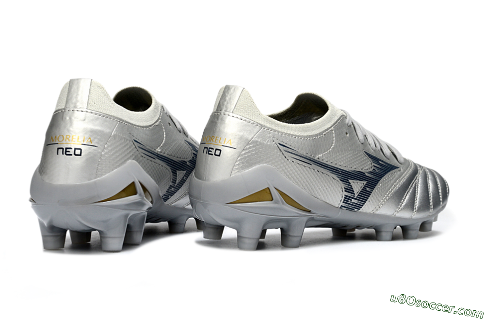 Mizuno Morelia Neo 4 FG Firm Ground Soccer Cleats - Silver/Metallic Silver/Yellow Accent 6