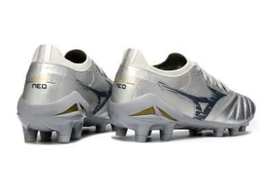 Mizuno Morelia Neo 4 FG Firm Ground Soccer Cleats - Silver/Metallic Silver/Yellow Accent
