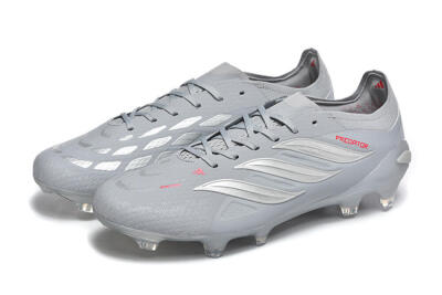 Adidas Predator 26 Elite FG Firm Ground Soccer Cleats - Gray/Steel Gray/Crimson Red