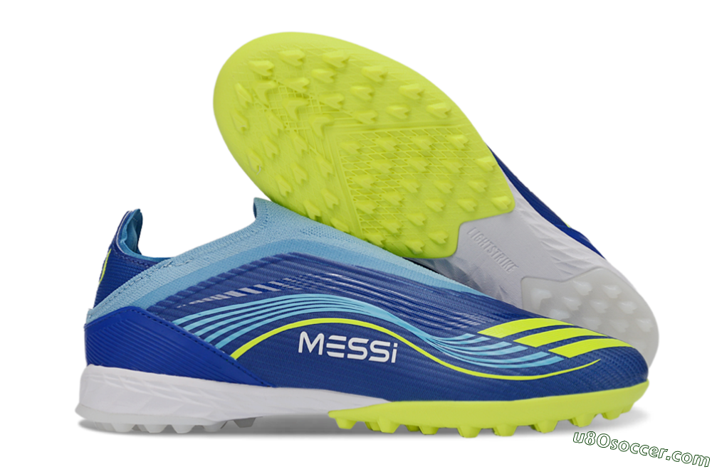 Messi x Adidas F50 Elite Laceless TF Artificial Turf Soccer Shoes - Blue/Luminous Yellow/Soft Sky 1
