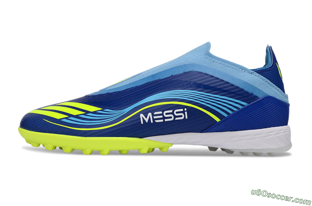 Messi x Adidas F50 Elite Laceless TF Artificial Turf Soccer Shoes - Blue/Luminous Yellow/Soft Sky 2