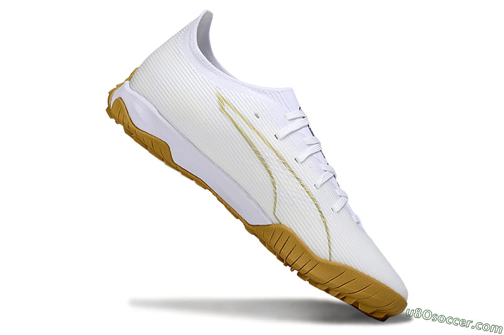 Puma Ultra Ultimate TF Artificial Turf Soccer Shoes - White/Golden Touch/Tan Sole 4