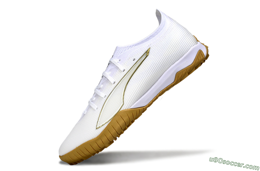 Puma Ultra Ultimate TF Artificial Turf Soccer Shoes - White/Golden Touch/Tan Sole 5