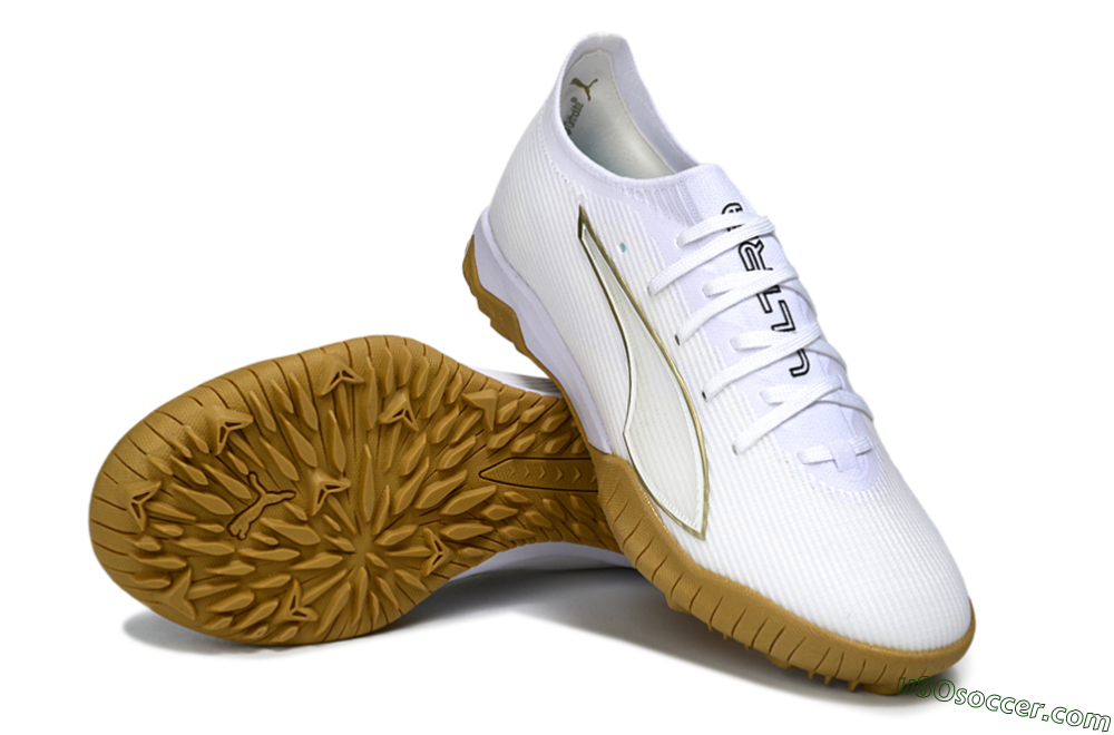 Puma Ultra Ultimate TF Artificial Turf Soccer Shoes - White/Golden Touch/Tan Sole 3