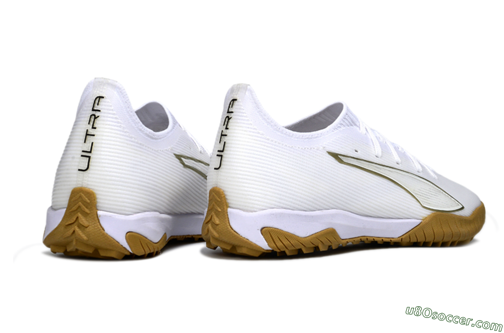 Puma Ultra Ultimate TF Artificial Turf Soccer Shoes - White/Golden Touch/Tan Sole 6