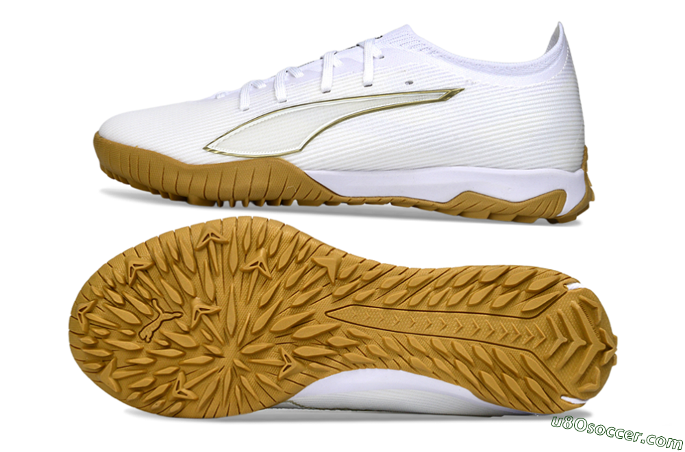 Puma Ultra Ultimate TF Artificial Turf Soccer Shoes - White/Golden Touch/Tan Sole 0