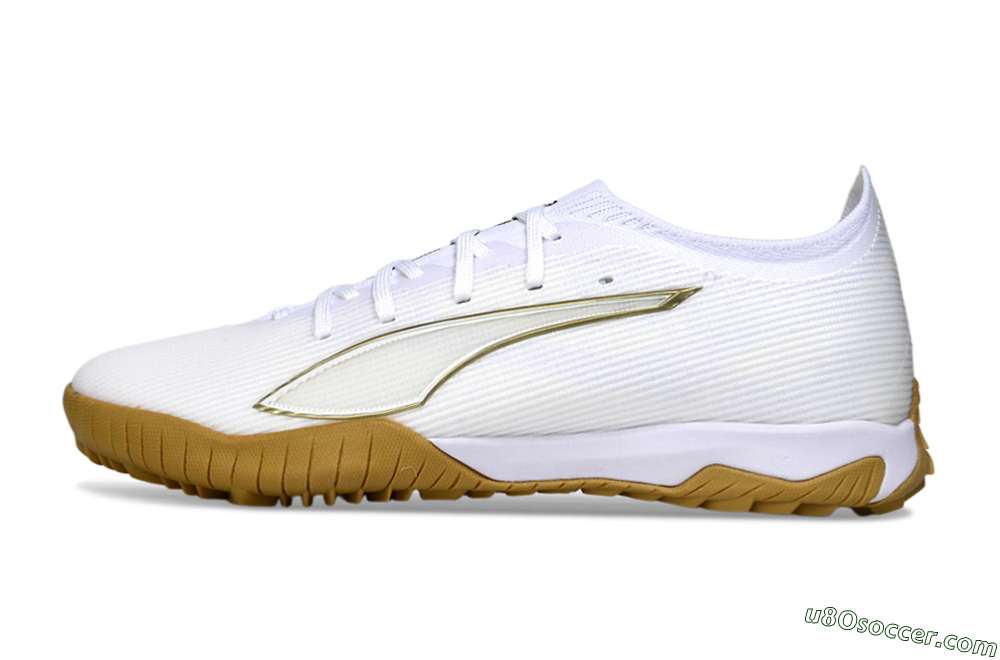 Puma Ultra Ultimate TF Artificial Turf Soccer Shoes - White/Golden Touch/Tan Sole 2