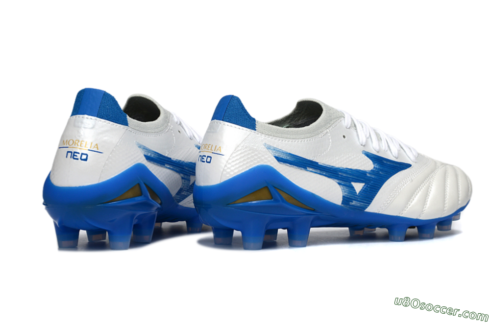 Mizuno Morelia Neo 4 FG Firm Ground Soccer Cleats - White/Sky Blue/Royal Blue 6