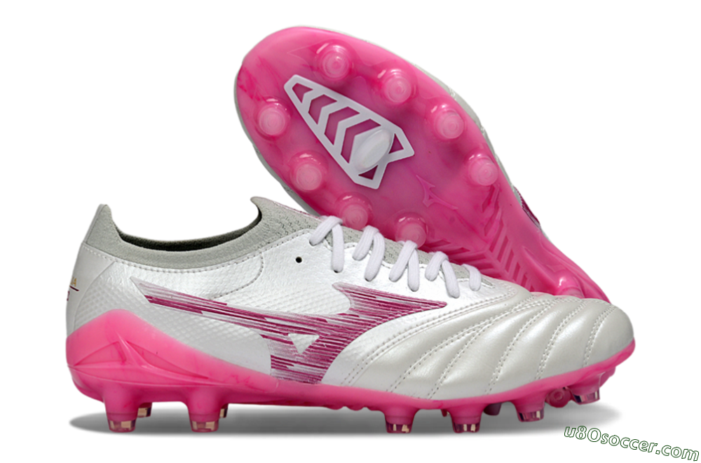 Mizuno Morelia Neo 4 FG Firm Ground Soccer Cleats - White/Electric Pink/Metallic Silver 1