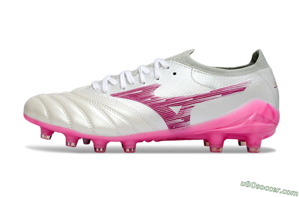 Mizuno Morelia Neo 4 FG Firm Ground Soccer Cleats - White/Electric Pink/Metallic Silver 2