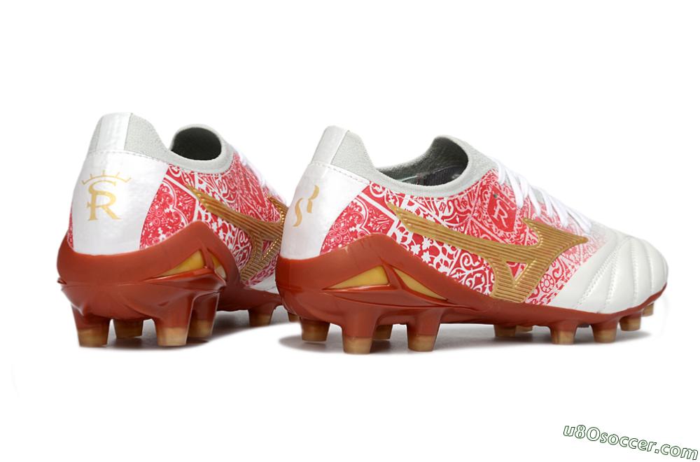 Mizuno Morelia Neo 4 FG Firm Ground Soccer Cleats - White/Scarlet Red/Copper Brown 6