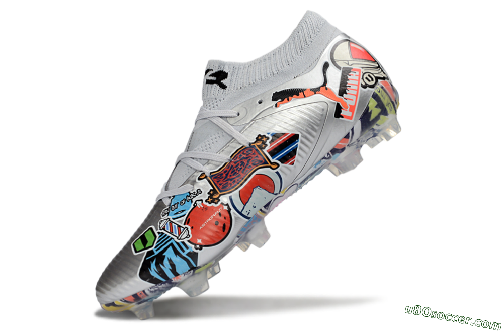 Puma Future 8 Ultimate FG Firm Ground Soccer Cleats - Silver/Vibrant Graffiti/Multi-Color Design 5