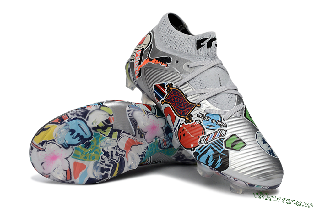 Puma Future 8 Ultimate FG Firm Ground Soccer Cleats - Silver/Vibrant Graffiti/Multi-Color Design 3