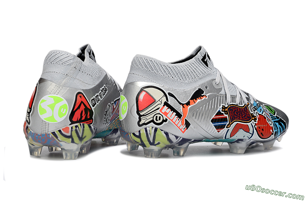 Puma Future 8 Ultimate FG Firm Ground Soccer Cleats - Silver/Vibrant Graffiti/Multi-Color Design 6