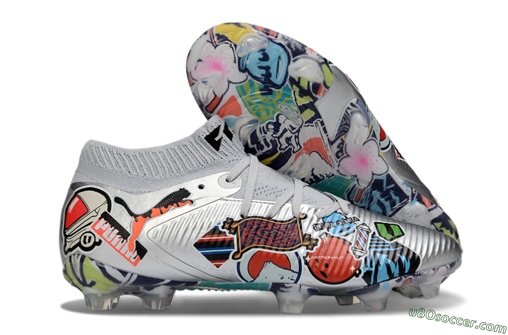 Puma Future 8 Ultimate FG Firm Ground Soccer Cleats - Silver/Vibrant Graffiti/Multi-Color Design 1