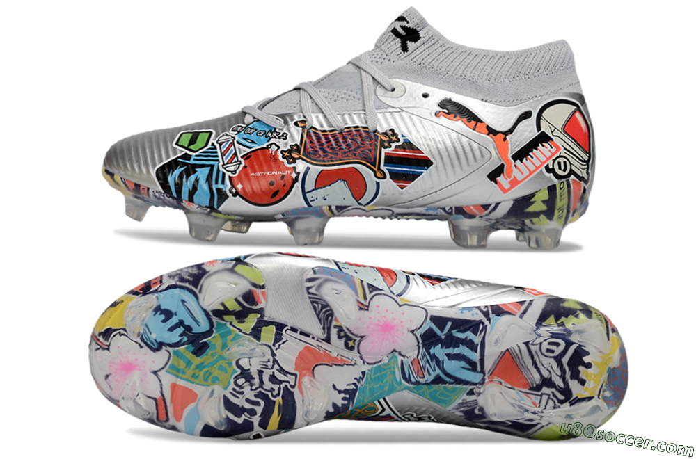 Puma Future 8 Ultimate FG Firm Ground Soccer Cleats - Silver/Vibrant Graffiti/Multi-Color Design 0