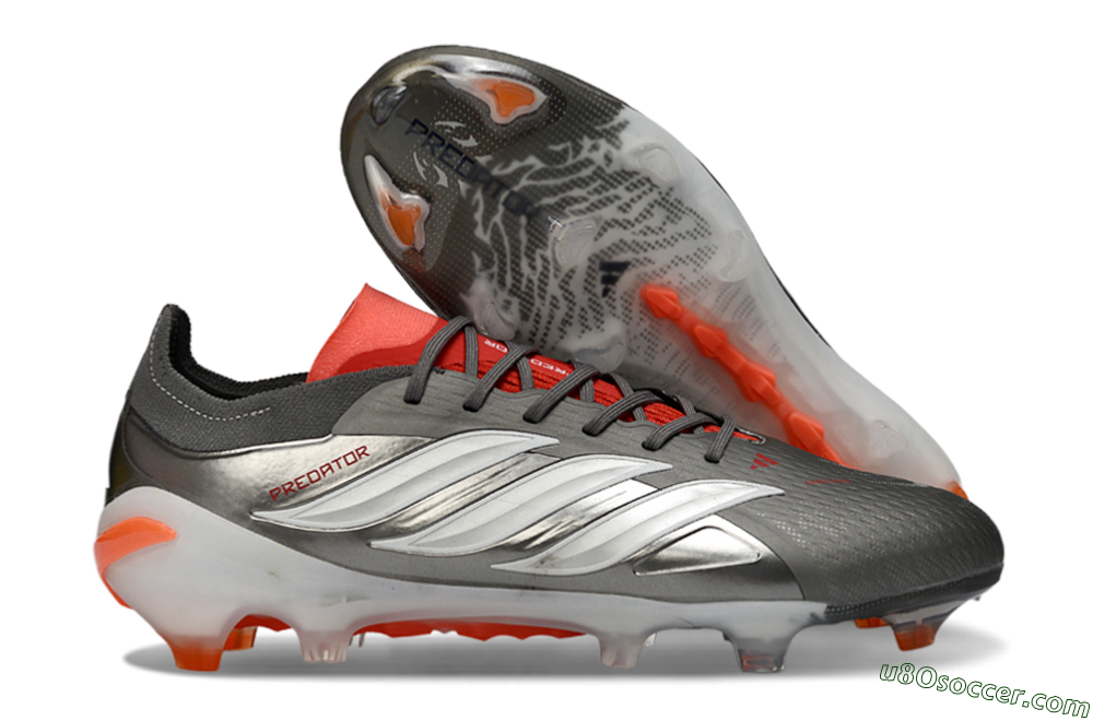 Adidas Predator 26 Elite FG Firm Ground Soccer Cleats - Gray/Vibrant Red/Metallic Silver 1