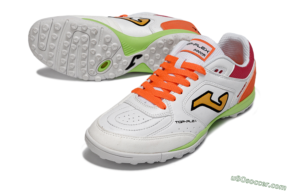 Joma Top Flex TF Artificial Turf Soccer Shoes - White/Orange Flare/Lime Green 3