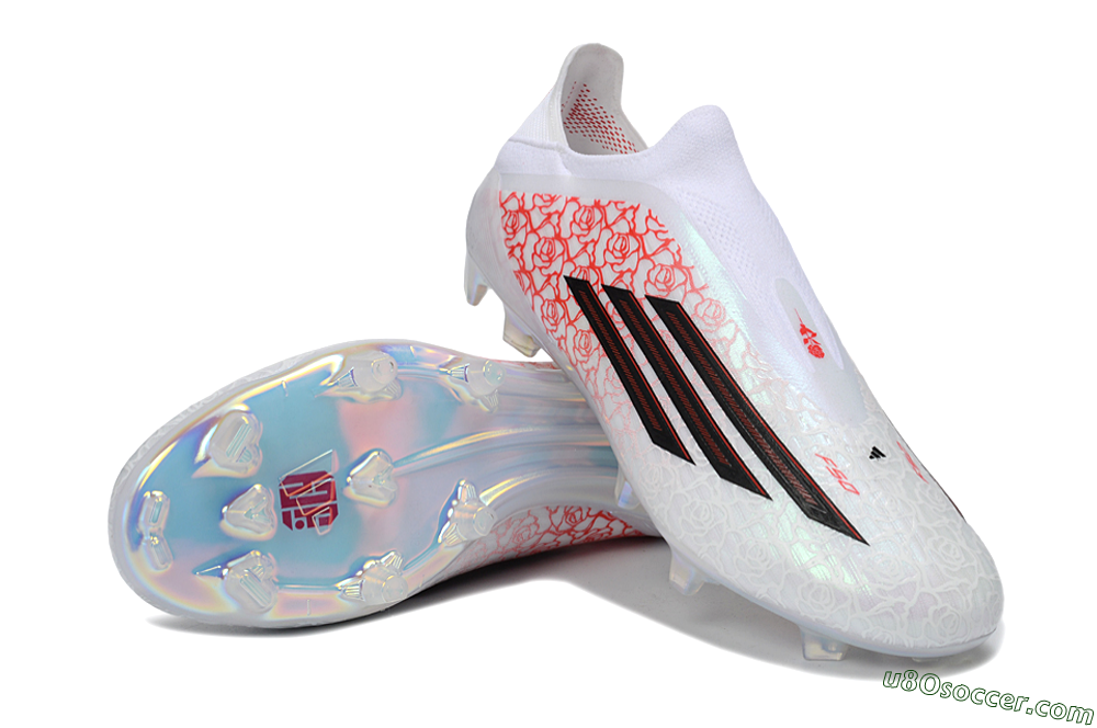 Adidas F50 Elite Laceless FG Firm Ground Soccer Cleats - White/Scarlet Roses/Iridescent Sole 3