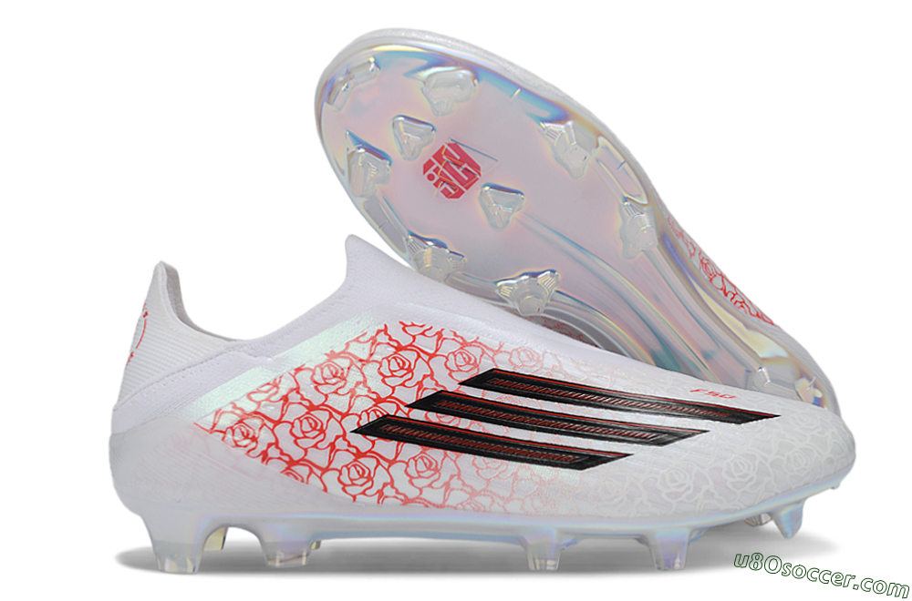 Adidas F50 Elite Laceless FG Firm Ground Soccer Cleats - White/Scarlet Roses/Iridescent Sole 1