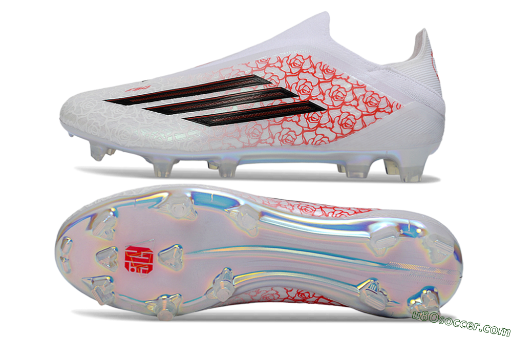 Adidas F50 Elite Laceless FG Firm Ground Soccer Cleats - White/Scarlet Roses/Iridescent Sole 0