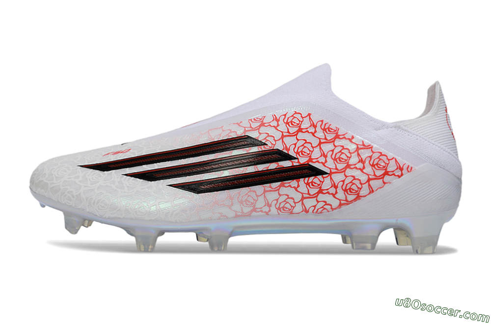 Adidas F50 Elite Laceless FG Firm Ground Soccer Cleats - White/Scarlet Roses/Iridescent Sole 2