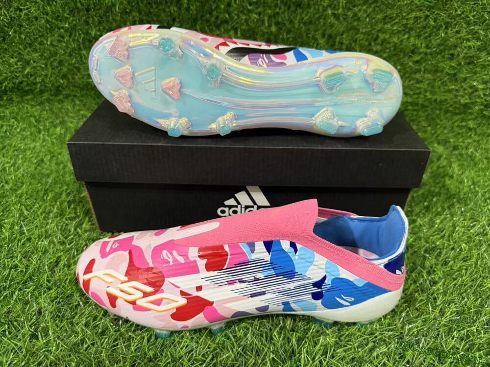 Adidas F50 Elite Laceless FG Firm Ground Soccer Cleats - Pink/Coral Blush/Cerulean Blue