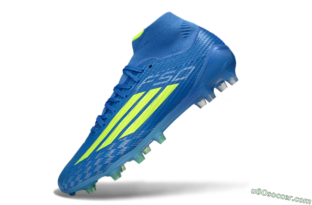 Adidas F50 Elite Mid AG Artificial Grass Soccer Cleats - Blue/Electric Blue/Neon Green 5