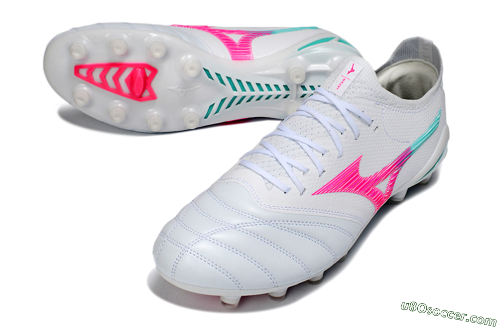Mizuno Morelia Neo 4 FG Firm Ground Soccer Cleats - White/Neon Pink/Teal 3