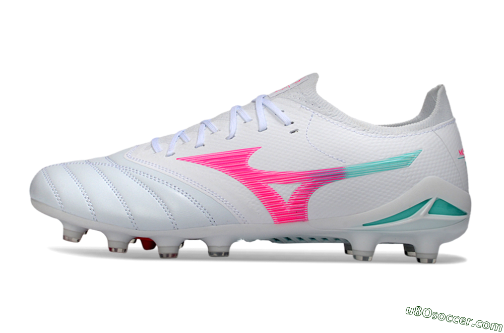 Mizuno Morelia Neo 4 FG Firm Ground Soccer Cleats - White/Neon Pink/Teal 2