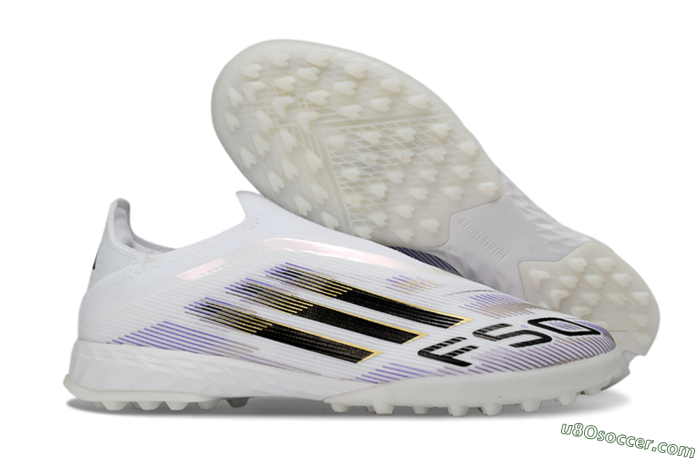 Adidas F50 Pro Laceless TF Artificial Turf Soccer Shoes - White/Black/Gold 1