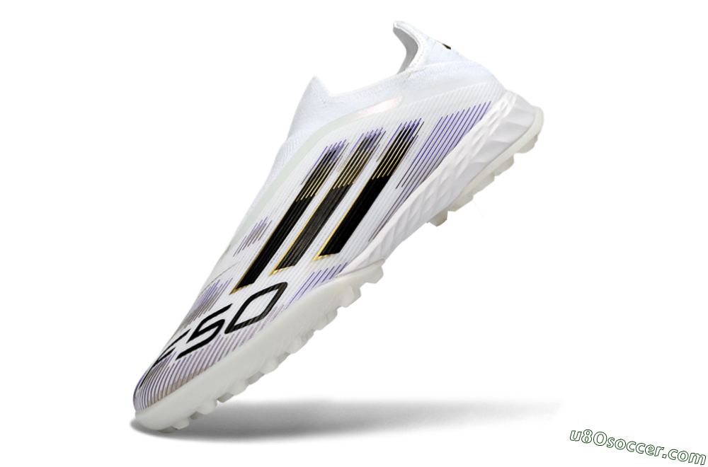 Adidas F50 Pro Laceless TF Artificial Turf Soccer Shoes - White/Black/Gold 5