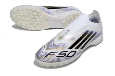 Adidas F50 Pro Laceless TF Artificial Turf Soccer Shoes - White/Black/Gold