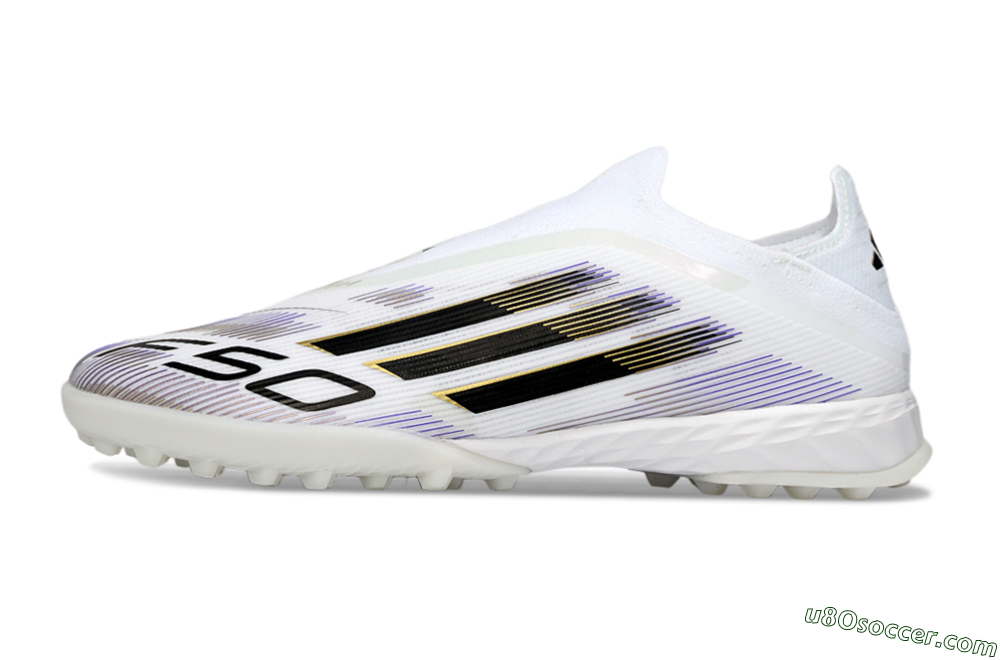 Adidas F50 Pro Laceless TF Artificial Turf Soccer Shoes - White/Black/Gold 2