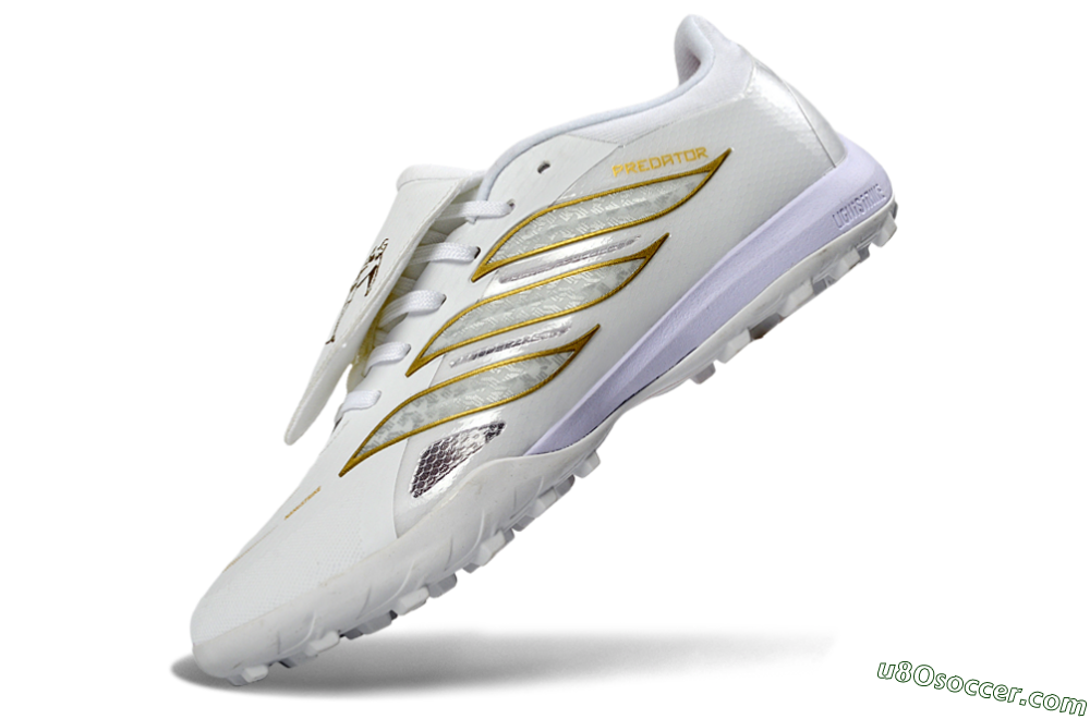 Adidas Predator 26 Elite Fold-Over Tongue TF Artificial Turf Soccer Shoes - White/Gold Metallic/Light Purple 5