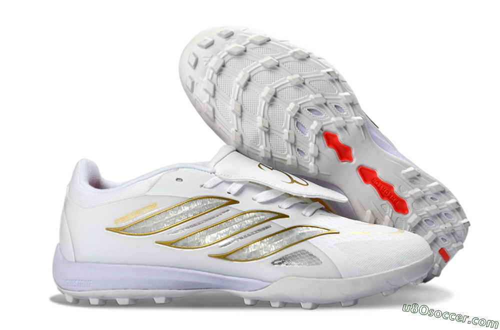 Adidas Predator 26 Elite Fold-Over Tongue TF Artificial Turf Soccer Shoes - White/Gold Metallic/Light Purple 1
