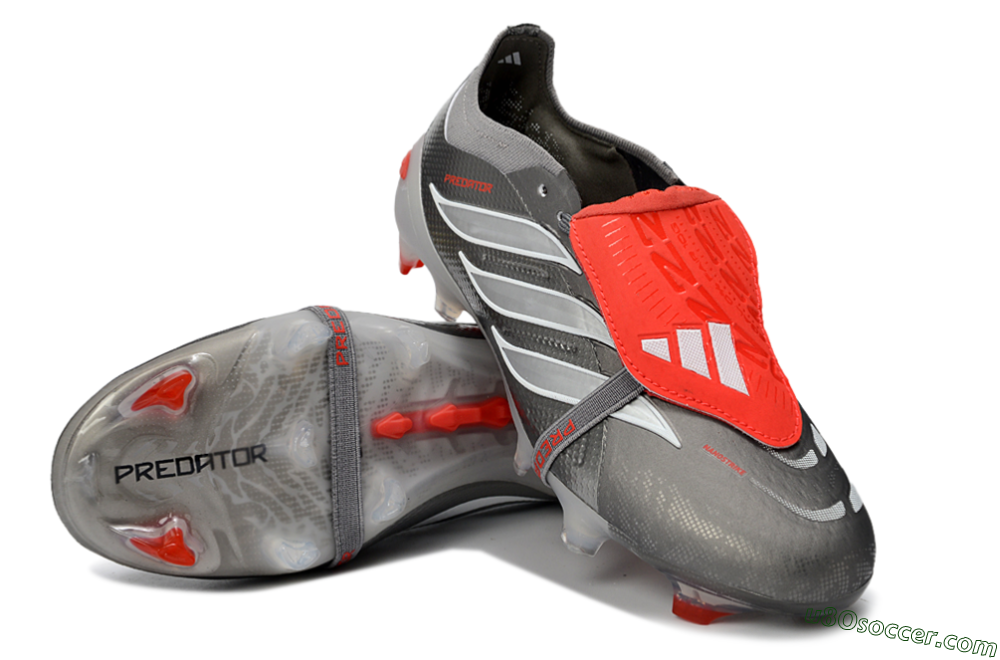 Adidas Predator 26 Elite Fold-Over Tongue FG Firm Ground Soccer Cleats - Gray/Vibrant Red/Steel Gray 4
