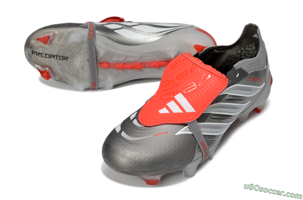 Adidas Predator 26 Elite Fold-Over Tongue FG Firm Ground Soccer Cleats - Gray/Vibrant Red/Steel Gray 3