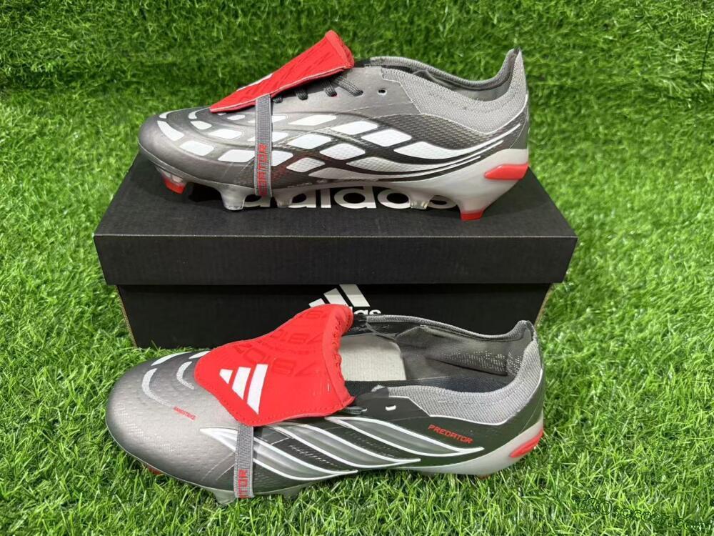 Adidas Predator 26 Elite Fold-Over Tongue FG Firm Ground Soccer Cleats - Gray/Vibrant Red/Steel Gray
