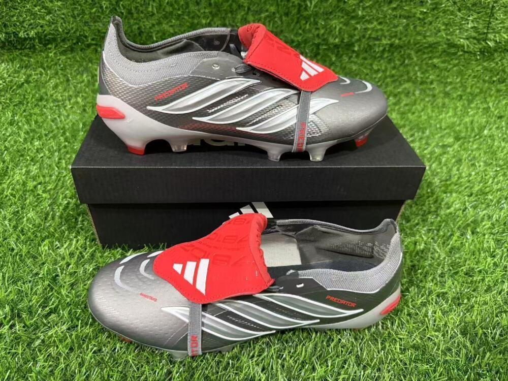Adidas Predator 26 Elite Fold-Over Tongue FG Firm Ground Soccer Cleats - Gray/Vibrant Red/Steel Gray