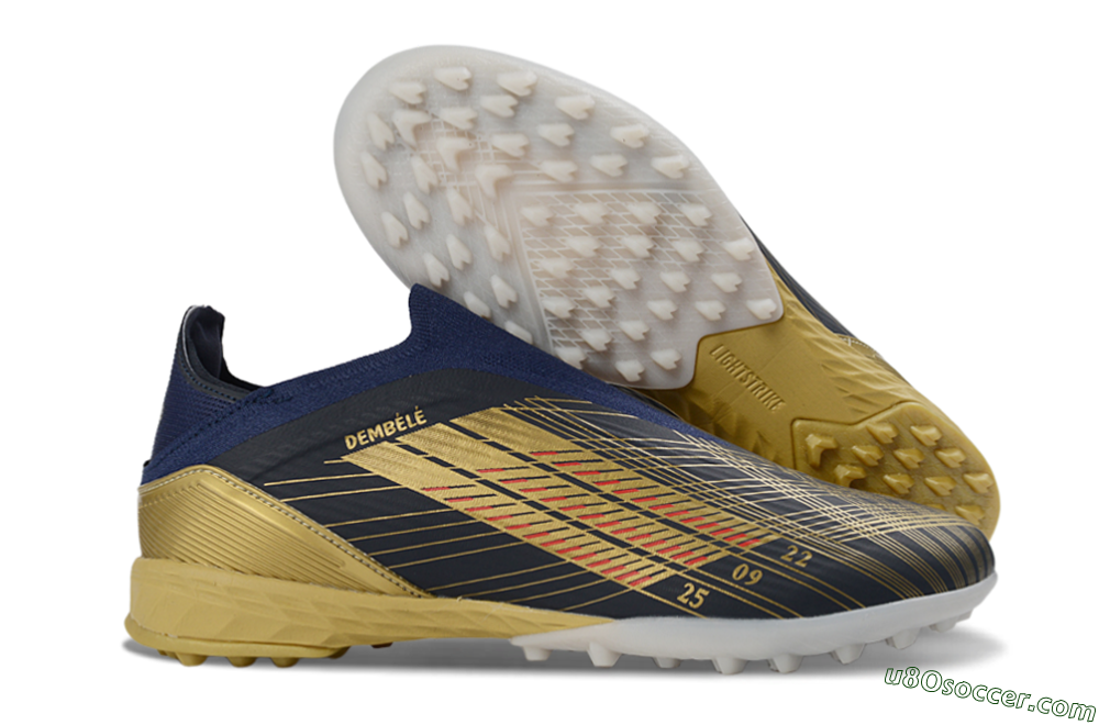 Dembélé x Adidas F50 Elite Laceless TF Artificial Turf Soccer Shoes - Navy/Gold/Red 1