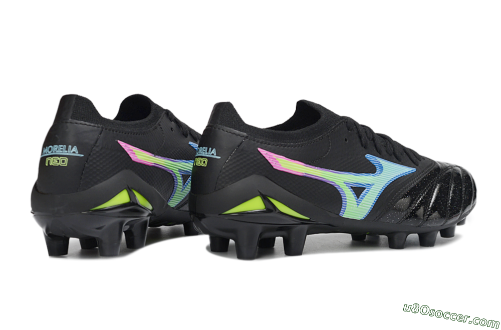 Mizuno Morelia Neo 3 FG Firm Ground Soccer Cleats - Black/Electric Blue/Lime Green 6