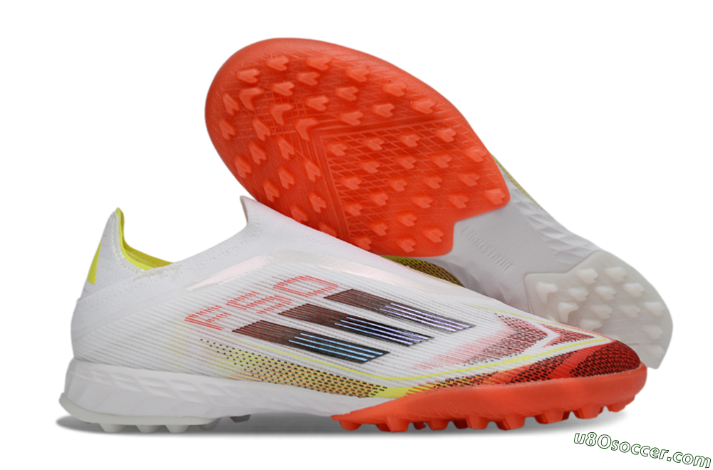 Adidas F50 Pro Laceless TF Artificial Turf Soccer Shoes - White/Vibrant Orange/Sunny Yellow 1