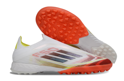 Adidas F50 Pro Laceless TF Artificial Turf Soccer Shoes - White/Vibrant Orange/Sunny Yellow