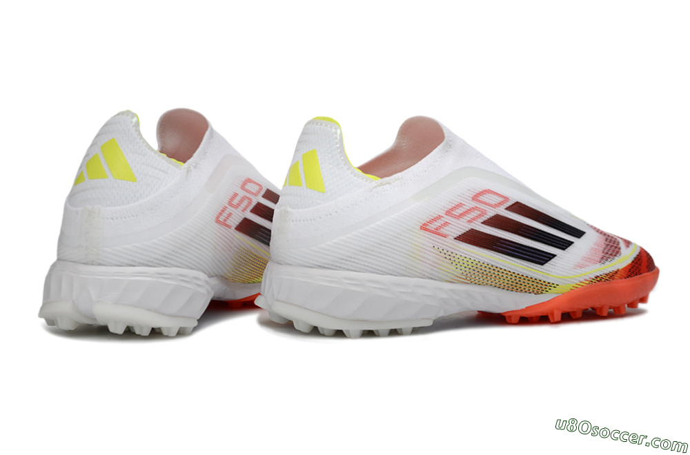 Adidas F50 Pro Laceless TF Artificial Turf Soccer Shoes - White/Vibrant Orange/Sunny Yellow 6